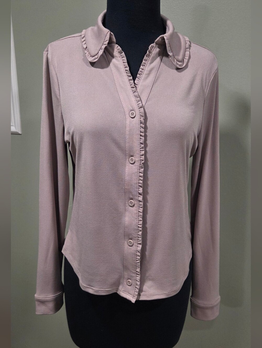 Adrianna Papell Ruffle Edge Knit Shirt Simply Taupe Size S NWT